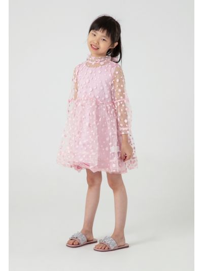 Polka Dot Flocked Mesh Lantern Sleeve Dress