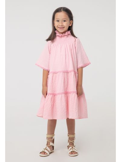 Solid High Neck Smoking Pompom Trim Dress -Sale
