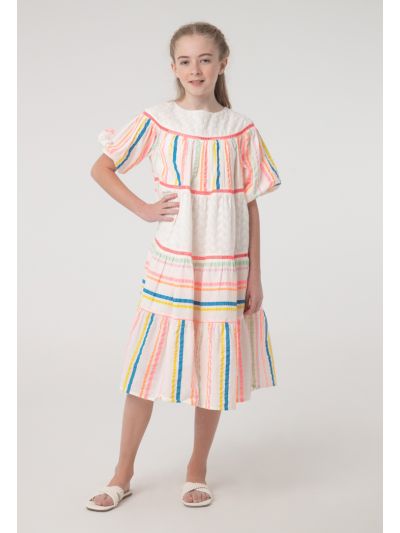 Stripes Embroider Tier Quarter Puff Sleeves Dress -Sale