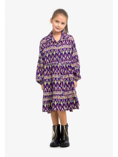 Ikat Pattern Tiered Buttoned Shirt Midi Dress