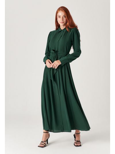 Space Tuck Neck Solid Maxi Dress