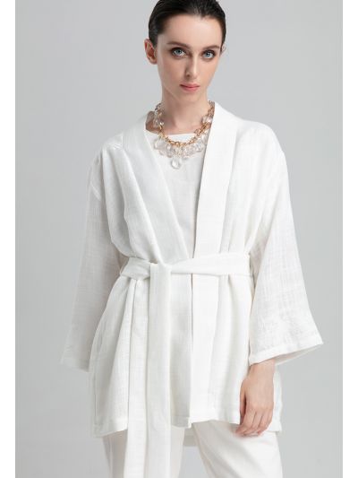 Woven Melange Embroidered Open Front Kimono Outerwear