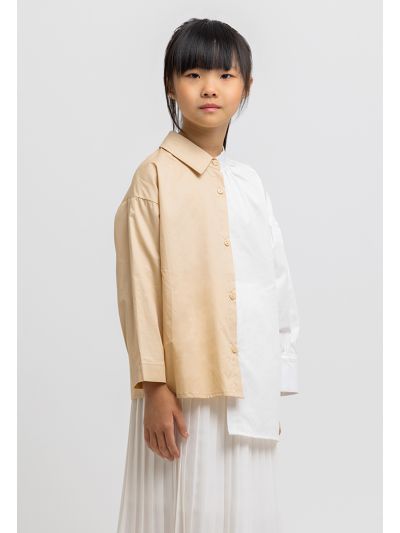 Contrast Two Toned Asymmetrical Hem Collared Shirt -Sale