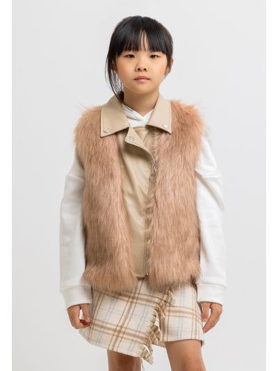 Faux Fur PU Leather Collared Details Sleeveless Jacket