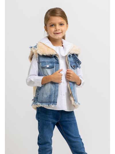 Sleeveless Fur Back Zipper Denim Jacket -Sale