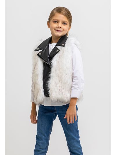 Faux Fur PU Leather Collared Details Sleeveless Jacket