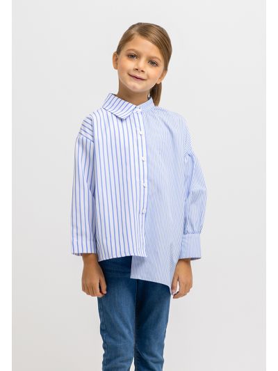 All Over Contrast Striped Asymmetrical Hem Collared Shirt -Sale