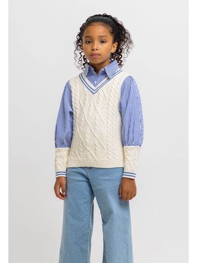 Knitted Details Striped Collar And Sleeves Blouse -Sale