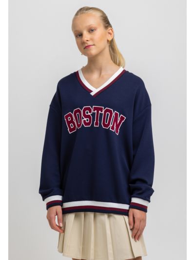 Boston Logo Ribbed Long Sleeves V-Neckline Sweatshirt -Sale