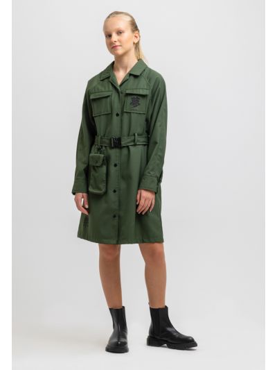 Army Green Waist Belt Front Pockets Collared Shirt Dress -Sale