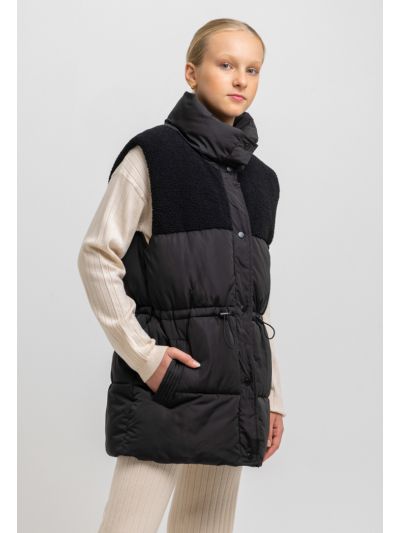 Drawstring Waist Puffer Yoke sleeveless Jacket  -Sale