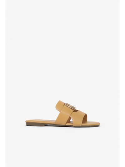 Classic Metal Logo PU Leather Flat Slides