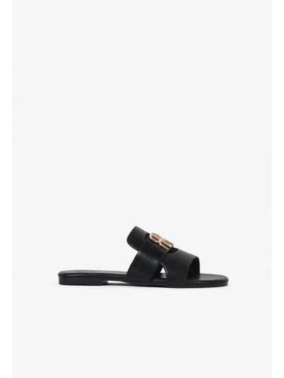 Classic Metal Logo PU Leather Flat Slides