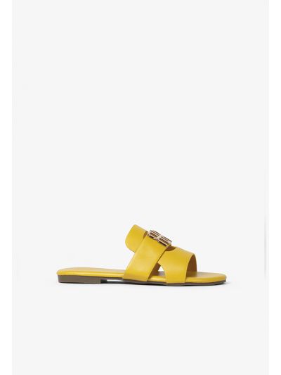 Classic Metal Logo PU Leather Flat Slides