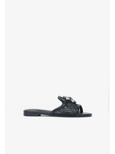 Floral Lace Rhinestone Embellished Flat Slides