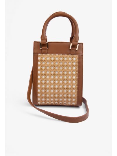 PU leather & Straw Top Handle Mini Bag
