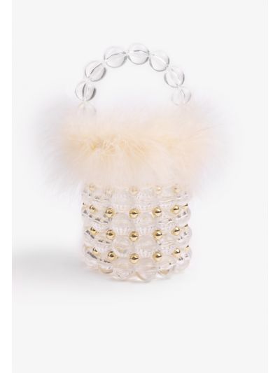 Beaded Faux Feather Bucket Bag