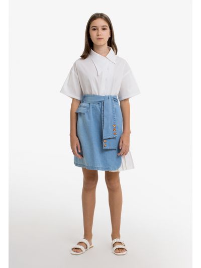 Short Belted Pleated Denim Skirt
