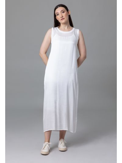 Shiny Satin Basic Dress With Ribbed Neckline