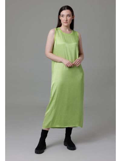 Shiny Satin Basic Dress With Ribbed Neckline