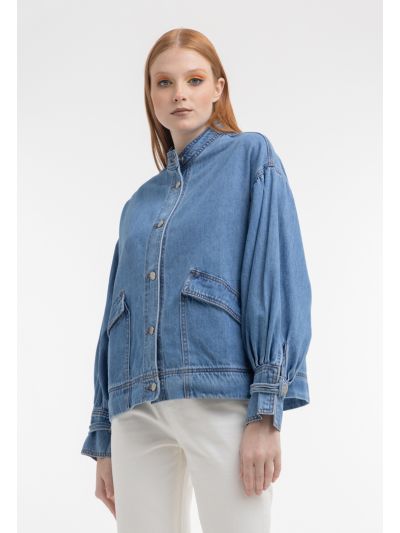 Front Pockets Denim Textured Outer Jacket -Sale