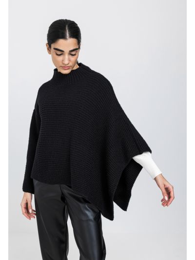 One Sleeve Knitted Ribbed Solid Poncho