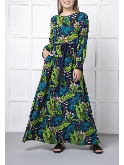 Tropical Print Belted Maxi Dress