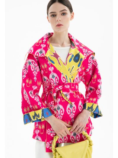 Multicolored Printed Oversized Collar Wrap Jacket -Sale