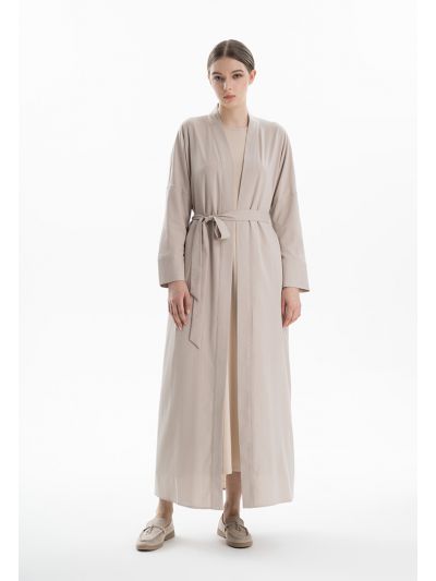 Open Front Solid Maxi Abaya With Self-Fabric Belt -Sale