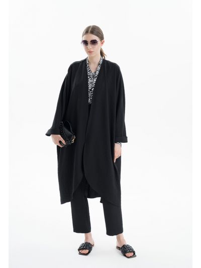 Open Front Folded Cuffs Rounded Hemline Outer Jacket