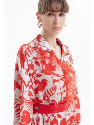 Leaf Printed Shirt With Feather Fringes -Sale