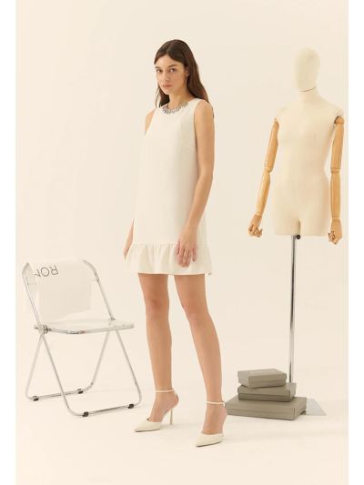 Roman Stone Embroidered Mini Dress Ecru