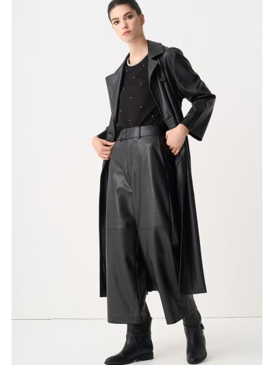 Synthetic Leather Belted Maxi Trench Coat