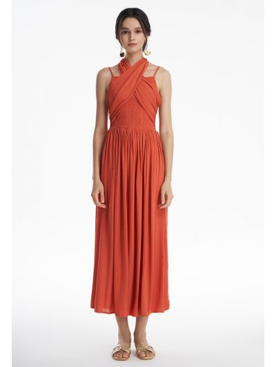 Smocked Wrap Solid Maxi Dress -Sale
