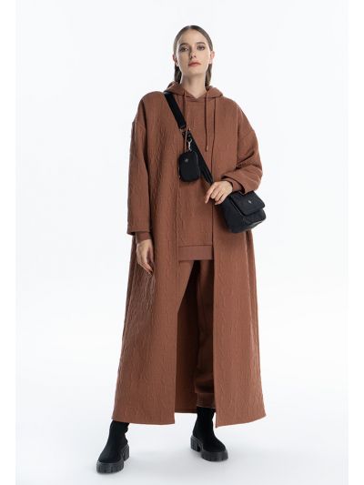 Letter Textured Solid Maxi Open Winter Bisht -Sale