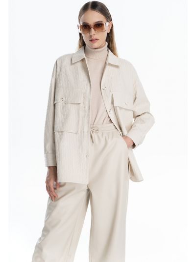 Line Textured Big Front Pockets Shirt Jacket -Sale