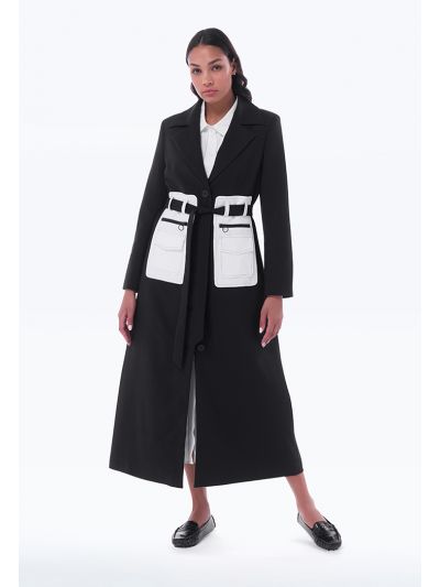 Two Tone Front Pocket Long Coat