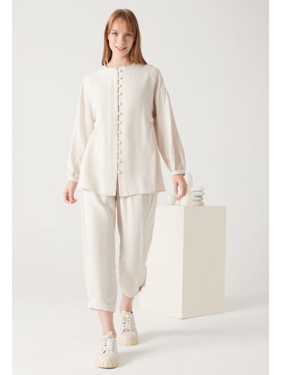 Solid Fitted Mandarin Shirt and Trouser Set -Sale
