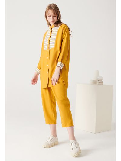 Contrast Details Casual Blouse and Trouser Set -Sale