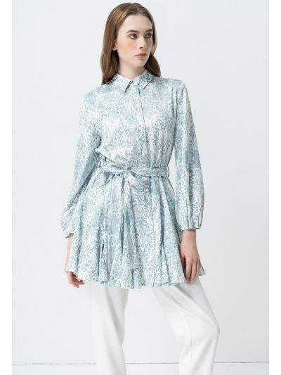 Printed Long Sleeve Belted Shirt Dress