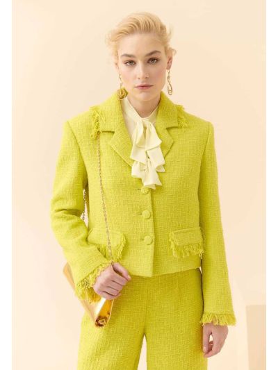 Roman Tweed Jacket Withy Fringed Detail Green