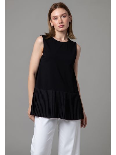 Pleated Hem Sleeveless Boat Round Neck Top