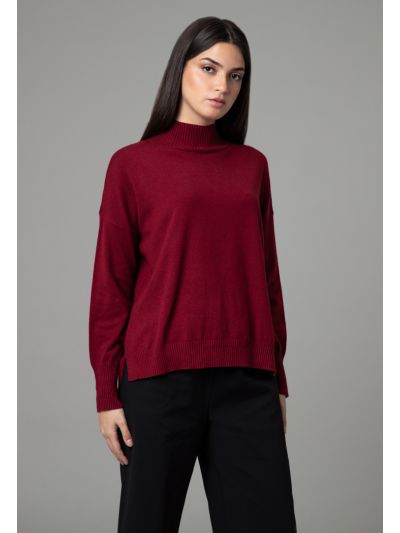 Ribbed High Neckline Hi-Low Hem Basic Top