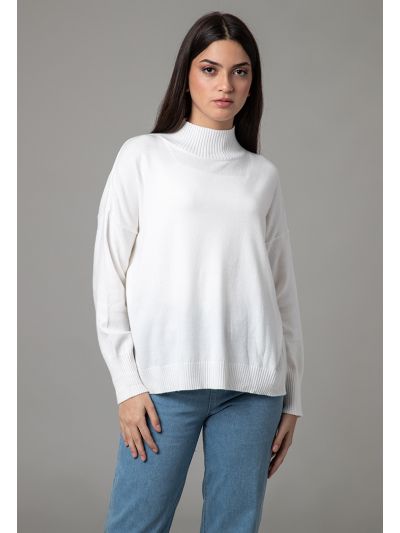 Ribbed High Neckline Hi-Low Hem Basic Top