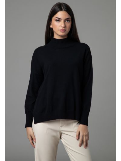 Ribbed High Neckline Hi-Low Hem Basic Top