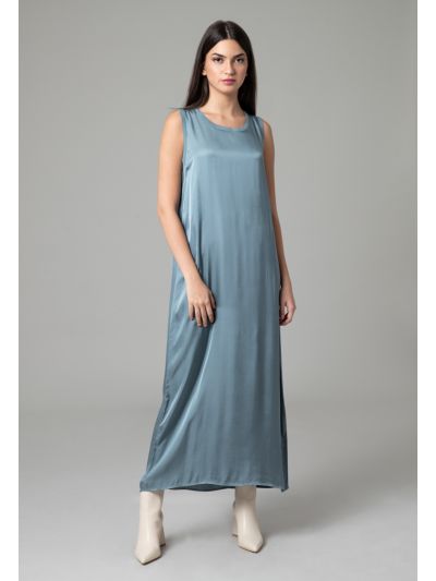 Shiny Satin Basic Dress With Ribbed Neckline