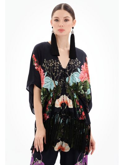 Floral Print Blouse With Tassel Detail -Sale