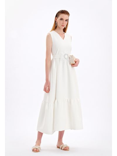 Solid Sleeveless Maxi Party Dress With Crystal Embellished Belt