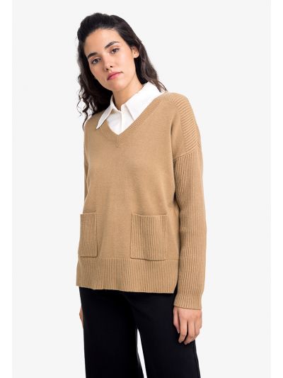 Patch Pocket Knitted Solid Blouse -Sale