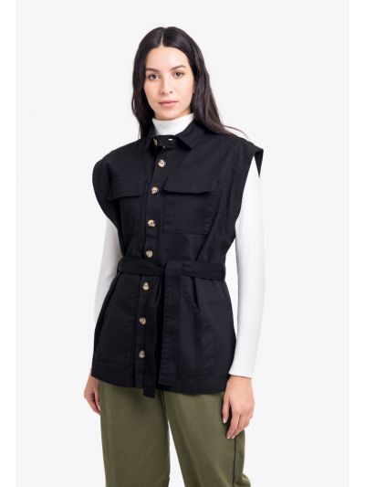 Solid Denim Gilet With Belt